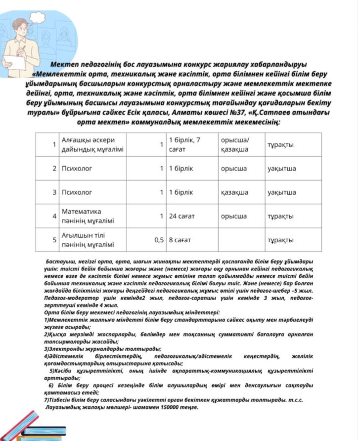 Білім беру мекемесі хабарландыру шыққан күннен кейінгі 7 жұмыс күні ішінде бос лауазымға орналасуға мынадай құжаттарды қабылдауды жүзеге асырады